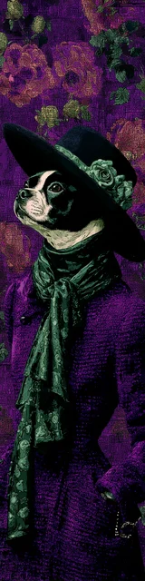 Free printable dog bookmark featuring dressed up dog on dark purple